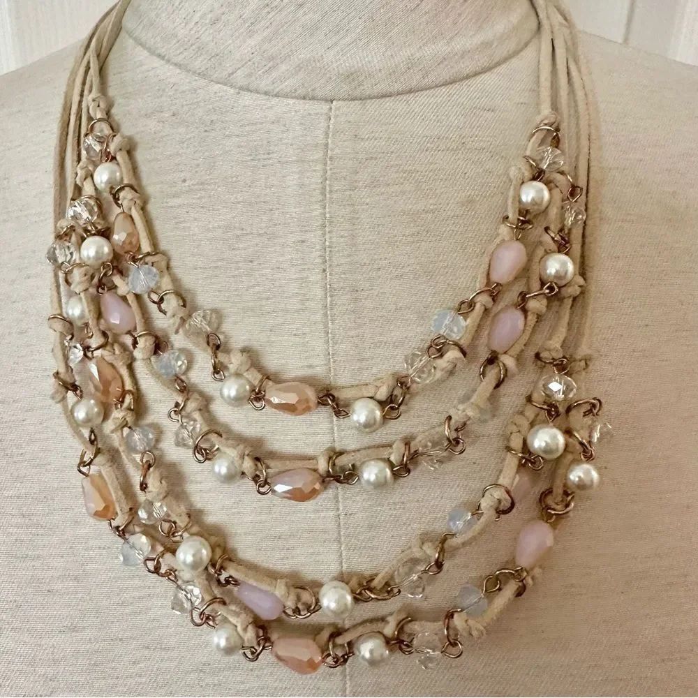 Brown cord beaded multi strand statement necklace